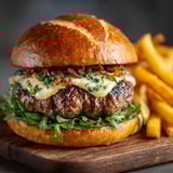 A burger with cheese and onions on a bun.