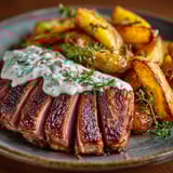 A plate of food with a piece of meat, potatoes and sauce.
