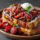 A plate of French toast with strawberries on top.