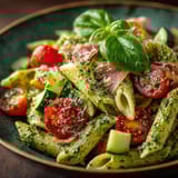 A bowl of pasta with tomatoes and basil.