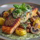 A plate of food with salmon, mushrooms, and potatoes.
