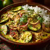 A bowl of food with chicken and vegetables.
