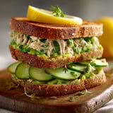 A sandwich with avocado and cucumber on top.