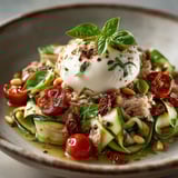A plate of food with a zucchini, tomato, and basil.