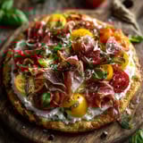 A pizza with tomatoes, basil, and ham.