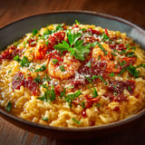 A bowl of risotto with shrimp and chorizo.