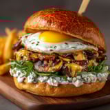 A burger with mushrooms, cheddar, and roquette.