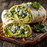 A wrap with feta cheese, avocado, and cilantro.