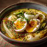 A bowl of food with eggs and vegetables.