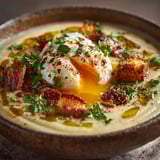 Une crème de panais, lard et œufs pochés dans un bol.