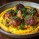 Boulettes fumées sur une purée de courge.