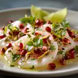 Carpaccio de cabillaud avec des tomates cerises.