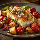 Une assiette de cabillaud et de pommes de terre frites.