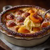 Une clafoutis aux abricots est servie avec une fourchette.