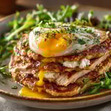 Un plat de pancakes avec des flocons d'avoine, de la dinde et de la chèvre frais.