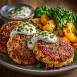 Galettes au jambon, légumes vapeur & sauce yaourt.