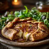 Une galette végé chèvre miel sur un plateau.