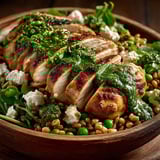 Salade de poulet, blé et pesto.