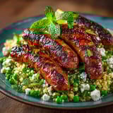 Chipolatas grillées avec semoule et petits pois.