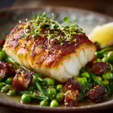 Cabillaud avec des petits pois et du lard.