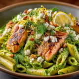 Pâtes pesto de petits pois & saumon.