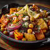 Une cocotte de légumes racines rôtis et pois chiches au miel et zaatar.