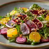Une salade de magret séché avec des oranges et des épinards.