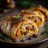 Un plat de strudel salé avec des fruits secs et du potimarron.