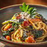 Une assiette de pâtes aux blettes et légumes.