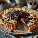 Une tarte chocolat noisettes est servie sur un plateau.