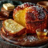 Une brioche dorée avec du sucre et du pastis landais.