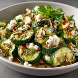 Un plat de courgettes avec des amandes et de la menthe.
