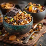 Un bol de granola avec du chocolat et des fruits secs.