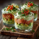 Verrine de saumon et avocat sauce onctueuse.