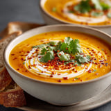 Soup de carottes et patates douces au lait de coco et curry.