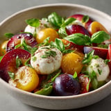 Salade de fruits d'été avec Burrata et basilic.