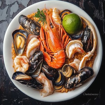 Une assiette colorée de fruits de mer avec crevettes, moules et homard, servie sur un lit de riz avec citron vert et persil.