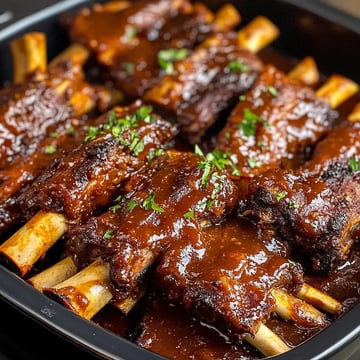 Gros plan sur des travers de bœuf glacés et juteux, parsemés de persil frais sur un plat noir.