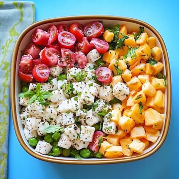 Un bol de salade colorée avec des tomates cerises, fromage blanc en dés, petits pois et fruits jaunes en cubes, garni d'herbes fraîches.