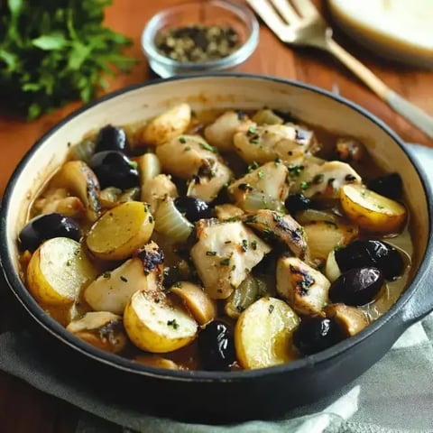 Un plat de poisson cuit au four avec des pommes de terre et des olives, garni de persil frais.