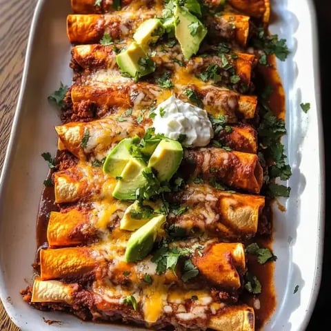 Des enchiladas garnies de fromage, coriandre et morceaux d'avocat, servies avec de la sauce dans un plat.