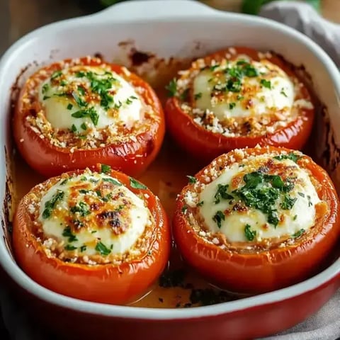 Tomates farcies au fromage et garnies de persil, présentées dans un plat allant au four.