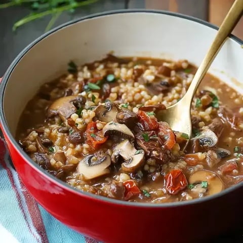 Un bol rouge contient une soupe épaisse avec des champignons, des tomates séchées et des herbes, servie avec une cuillère dorée.