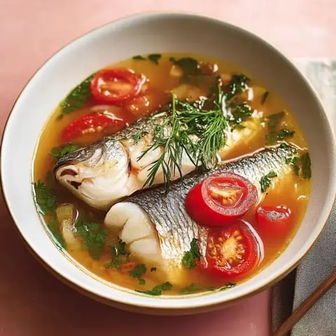 Une soupe de poisson garnie de tomates et d'herbes fraîches dans un bol.