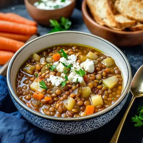 Un bol de soupe aux lentilles avec des légumes, garni de fromage frais et de persil, accompagné de carottes et de pain croustillant.