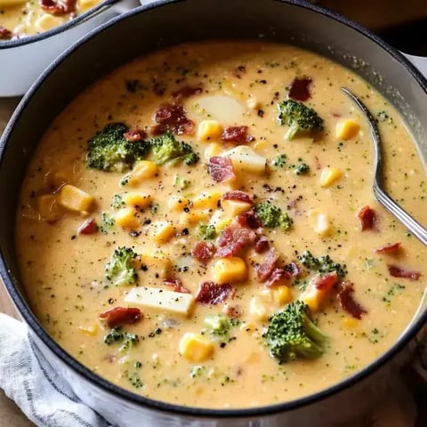 Une soupe crémeuse au brocoli, maïs et morceaux de bacon dans une grande casserole.