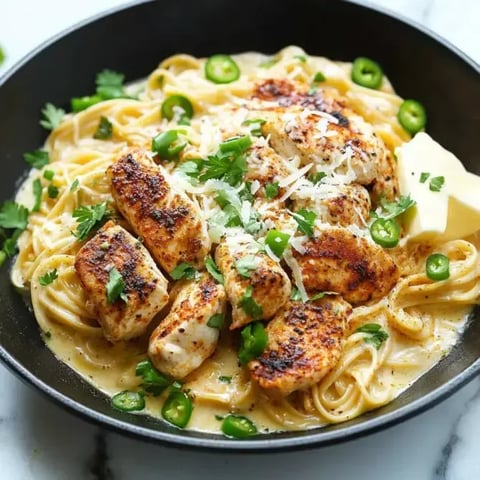 Un plat de pâtes crémeuses avec des morceaux de poulet grillé, des jalapeños, du fromage râpé et des herbes fraîches dans un bol noir.