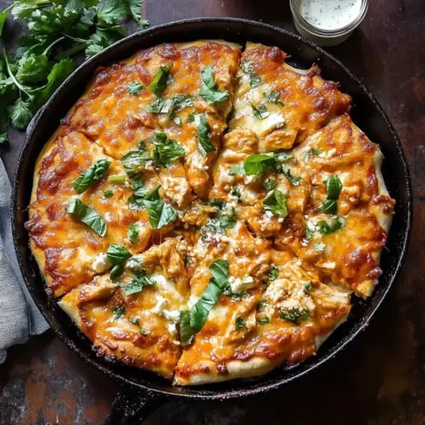 Une pizza garnie de poulet, de fromage fondant et de feuilles de coriandre, servie dans une poêle en fonte.