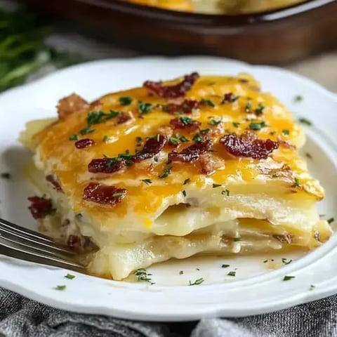 Un plat de gratin de pommes de terre garni de fromage cheddar et de morceaux de bacon.