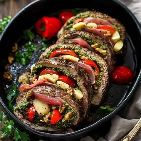 Un rôti de viande tranché, garni de pesto, jambon, poivrons rouges et noix, présenté dans une poêle noire.